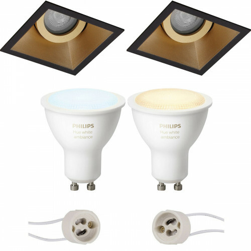 Pragmi Zano Pro - Inbouw Vierkant - Mat Zwart/Goud - Kantelbaar - 93mm - Philips Hue - LED Spot Set GU10 - White Ambiance - Bluetooth