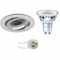 LED Spot Set - Pragmi Aerony Pro - GU10 Fitting - Inbouw Rond - Mat Zilver - Kantelbaar - Ø82mm - Philips - CorePro 827 36D - 4.6W - Warm Wit 2700K