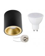 Opbouwspot Set - Pragmi Cliron Pro - GU10 Fitting - Opbouw Rond - Mat Zwart/Goud - 4W - Warm Wit 3000K - Verdiept - Ø90mm