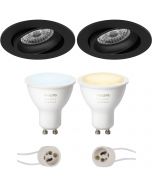 PHILIPS HUE - LED Spot Set GU10 - White Ambiance - Bluetooth - Pragmi Delton Pro - Inbouw Rond - Mat Zwart - Kantelbaar - Ø82mm