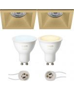 PHILIPS HUE - LED Spot Set GU10 - White Ambiance - Bluetooth - Pragmi Pollon Pro - Inbouw Vierkant - Mat Goud - Verdiept - 82mm