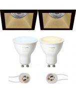 PHILIPS HUE - LED Spot Set GU10 - White Ambiance - Bluetooth - Pragmi Pollon Pro - Inbouw Vierkant - Mat Zwart/Goud - Verdiept - 82mm