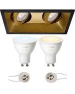 PHILIPS HUE - LED Spot Set GU10 - White Ambiance - Bluetooth - Pragmi Zano Pro - Inbouw Rechthoek Dubbel - Mat Zwart/Goud - Kantelbaar - 185x93mm