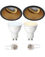 PHILIPS HUE - LED Spot Set GU10 - White Ambiance - Bluetooth - Pragmi Zano Pro - Inbouw Rond - Mat Zwart/Goud - Kantelbaar - Ø93mm