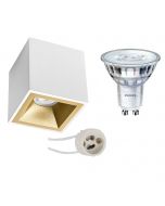 PHILIPS - Opbouwspot Set - SceneSwitch 827 36D - Pragmi Cliron Pro - GU10 Fitting - Dimbaar - Opbouw Vierkant - Mat Wit/Goud - 1.5W-5W - Warm Wit 2200K-2700K - Verdiept - 90mm