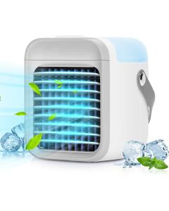 Mini Aircooler met LED Verlichting - Aigi Cuby - Mistventilator - Mini Tafelventilator - Luchtkoeler - USB Oplaadbaar - Wit