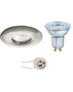 OSRAM - LED Spot Set - Parathom PAR16 927 36D - Pragmi Luno Pro - Waterdicht IP65 - GU10 Fitting - Dimbaar - Inbouw Rond - Mat Nikkel - 3.7W - Warm Wit 2700K - Ø82mm