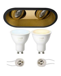 PHILIPS HUE - LED Spot Set GU10 - White Ambiance - Bluetooth - Pragmi Zano Pro - Inbouw Ovaal Dubbel - Mat Zwart/Goud - Kantelbaar - 185x93mm