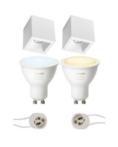 PHILIPS HUE - Opbouwspot Set GU10 - White Ambiance - Bluetooth - Pragmi Cliron Pro - Opbouw Vierkant - Mat Wit - Verdiept - 90mm