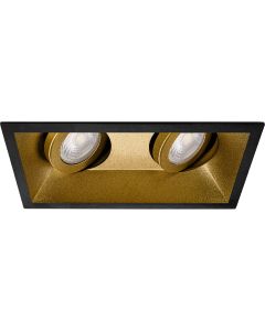 Spot Armatuur GU10 - Pragmi Zano Pro - Inbouw Rechthoek Dubbel - Mat Zwart/Goud - Aluminium - Kantelbaar - 185x93mm