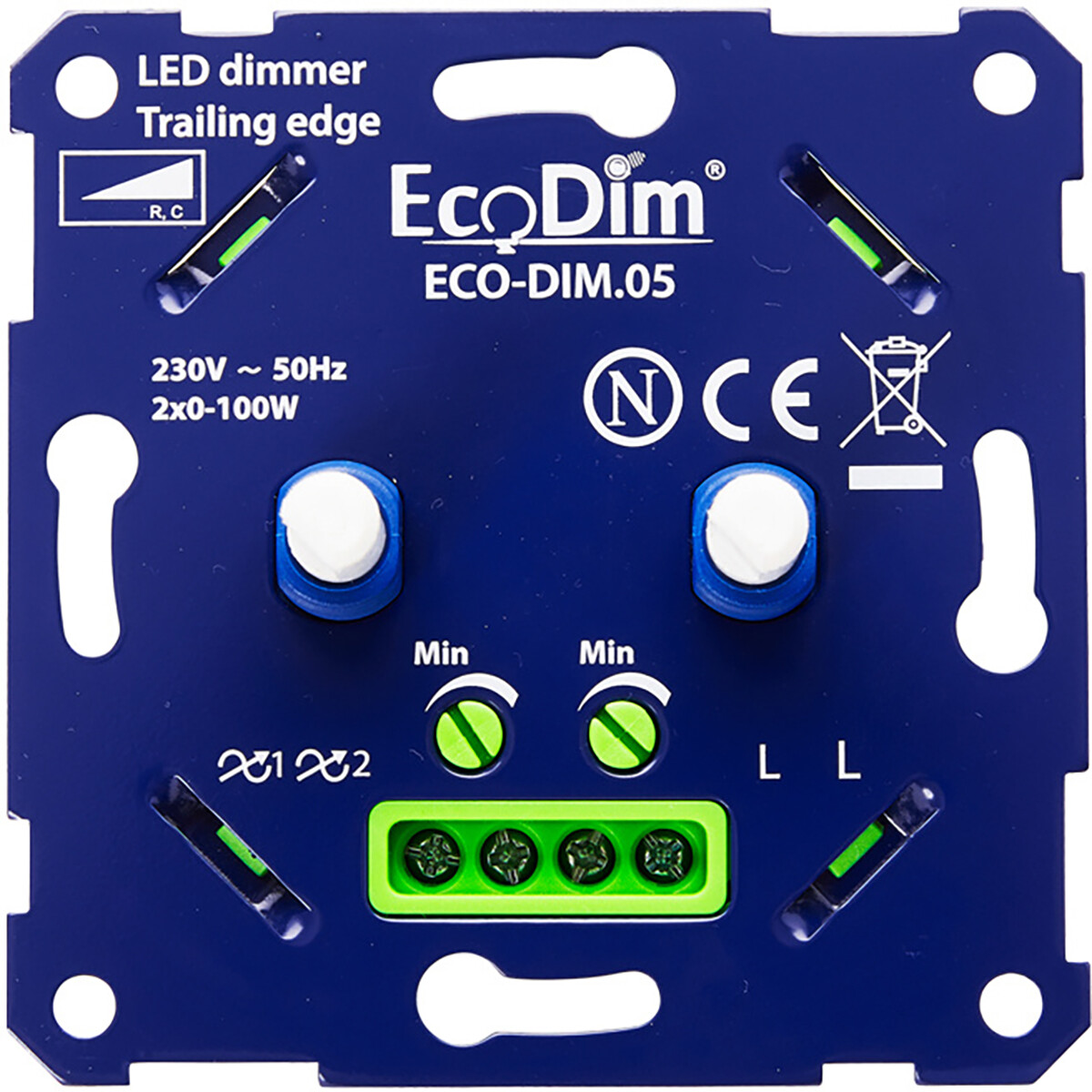 EcoDim - LED DUO Dimmer - ECO-DIM.05 - Fase Afsnijding RC - Dubbele Inbouwdimmer - Dubbel Knop - 0-100W