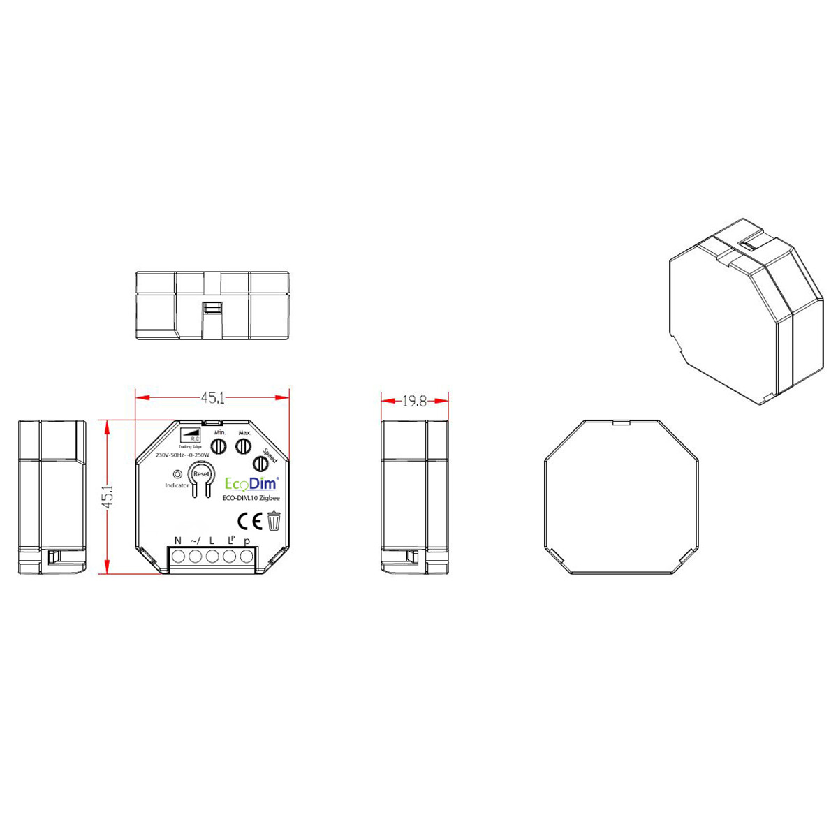 EcoDim - LED Inbouwdimmer Module - Smart WiFi - ECO-DIM.10 - Fase Afsnijding RC - Z-Wave - 0-250W