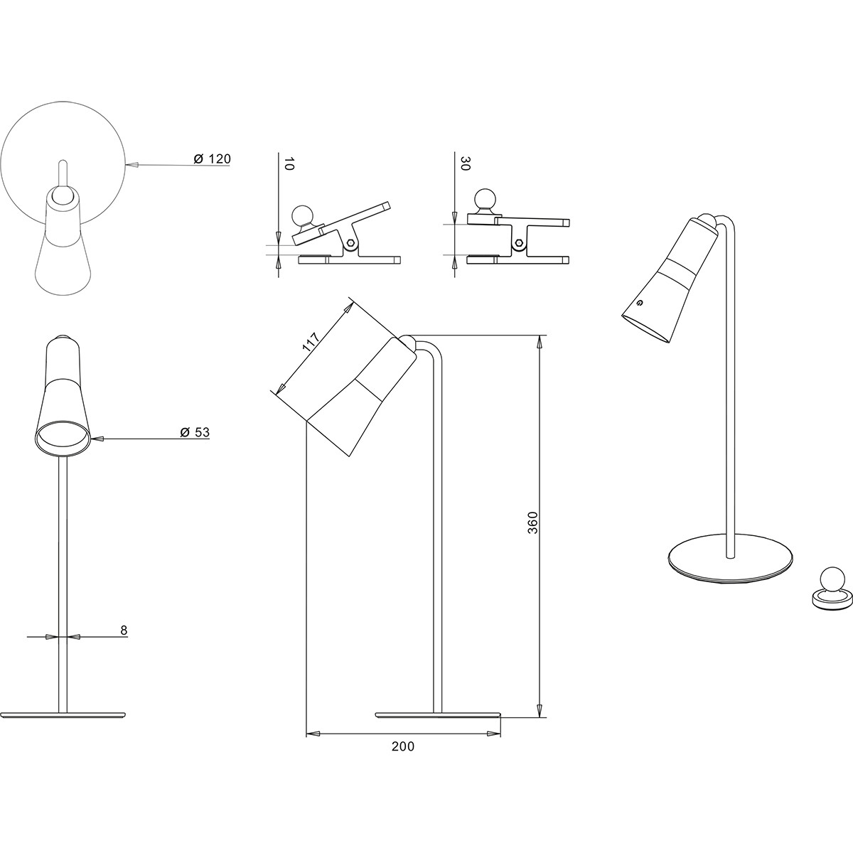 LED Bureaulamp - Trion Moxi - 2W - Warm Wit 3000K - Oplaadbaar - Rond - Mat Zwart - Aluminium