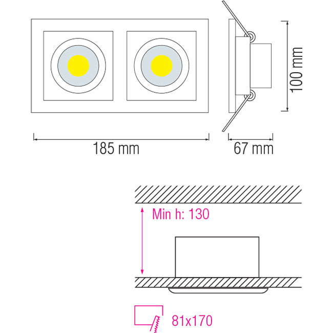 LED Spot - Inbouwspot Dubbel - Rechthoek 16W - Helder/Koud Wit 6400K - Mat Wit Aluminium - Kantelbaar 185x100mm