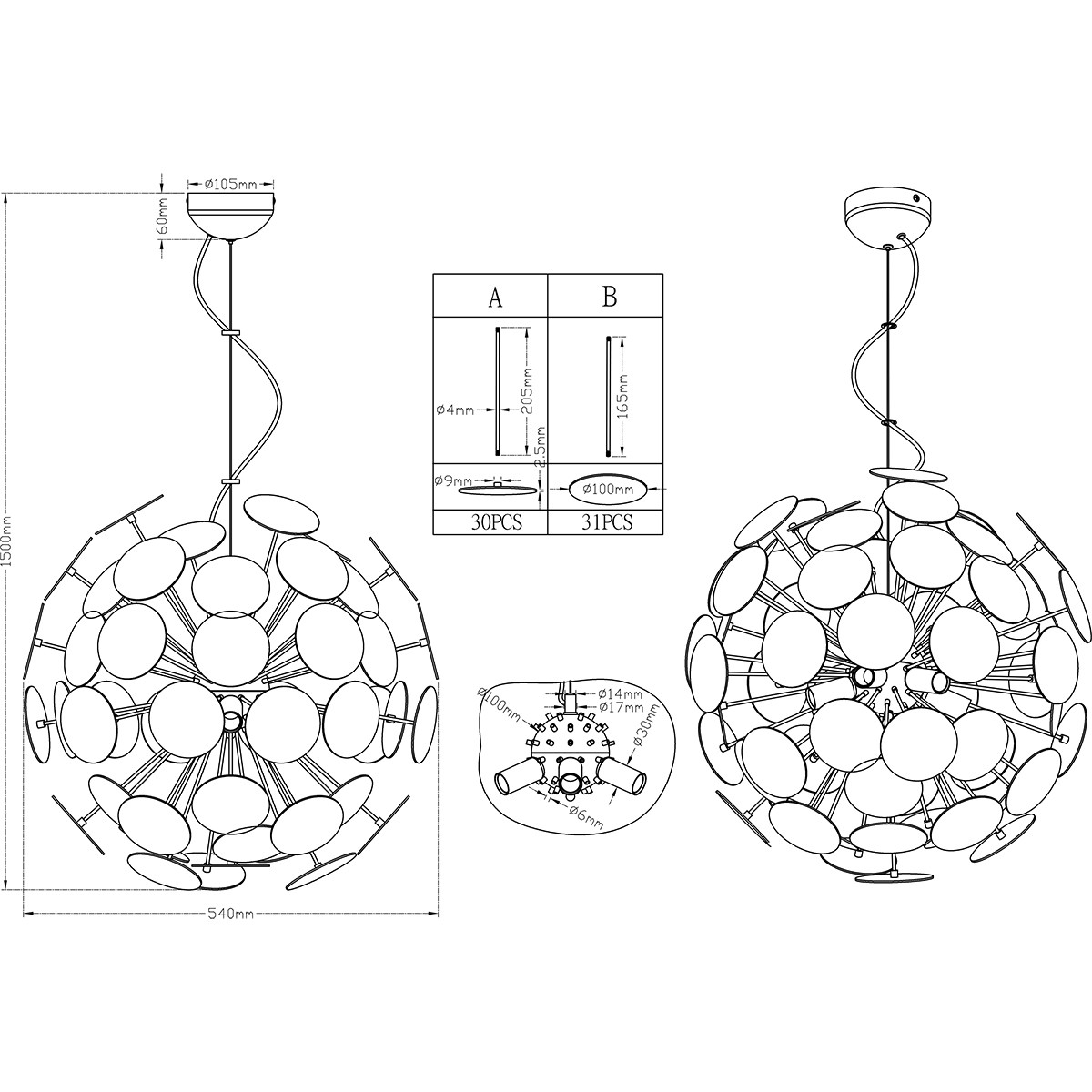 LED Hanglamp - Trion Discon - E14 Fitting - 6-lichts - Rond - Mat Wit Aluminium