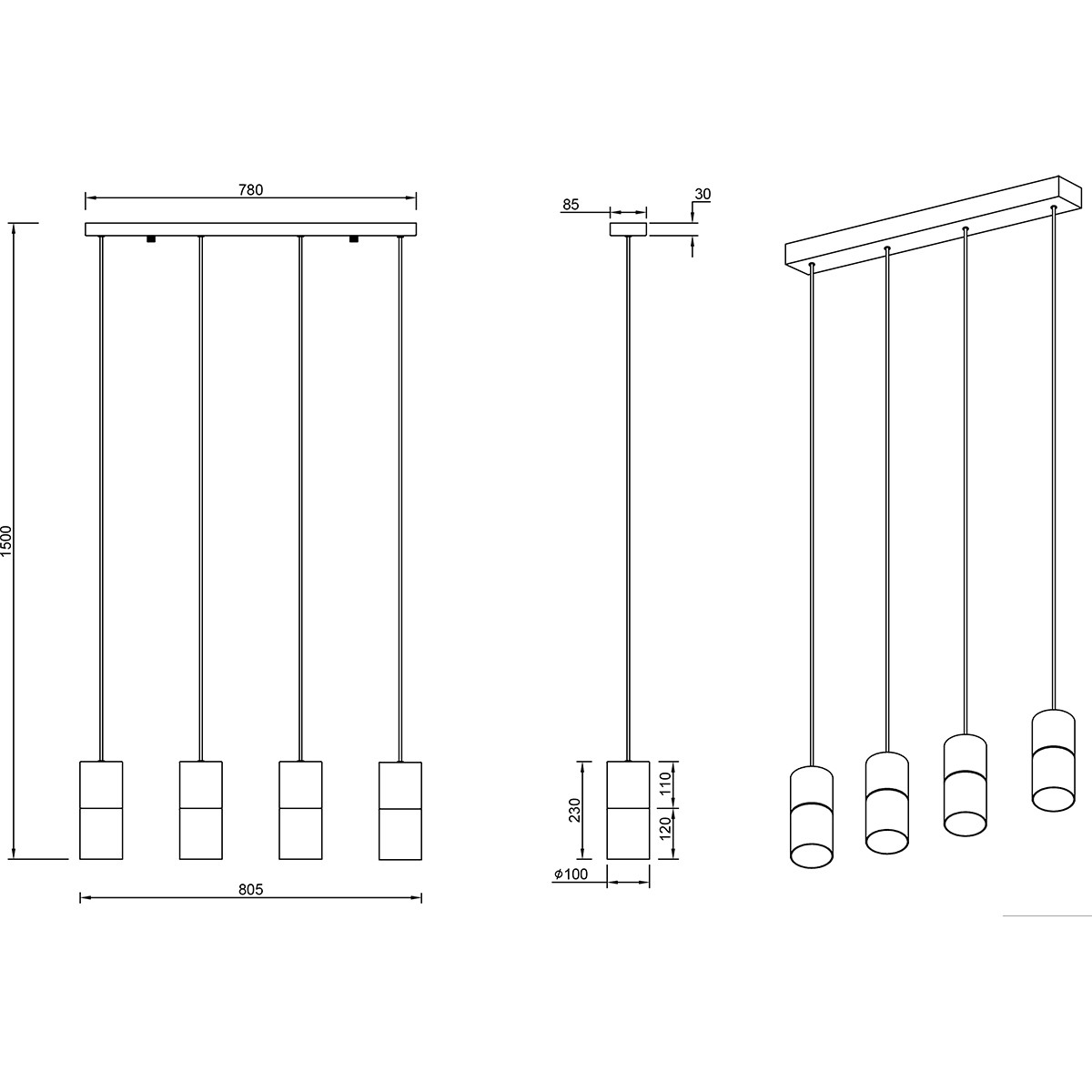 LED Hanglamp - Trion Roba - E27 Fitting - 4-lichts - Rechthoek - Mat Zwart Rookglas - Aluminium