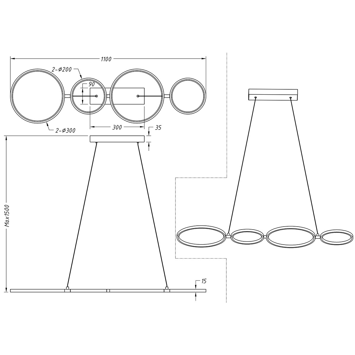 LED Hanglamp - Trion Rondy - 37W - Warm Wit 3000K - Dimbaar - Rechthoek - Mat Zwart - Aluminium