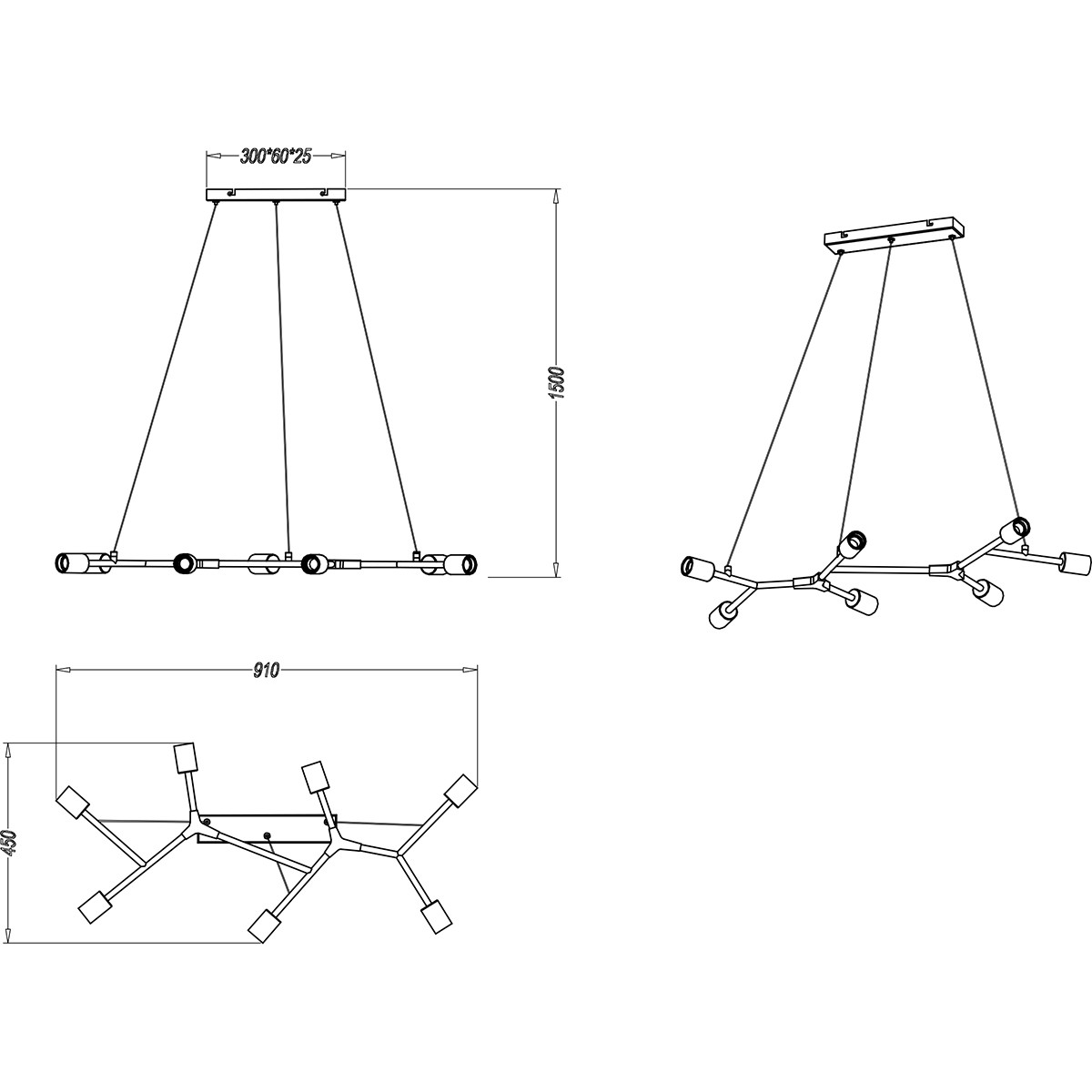 LED Hanglamp - Trion Ross - E27 Fitting - 7-lichts - Rechthoek - Mat Zwart - Aluminium