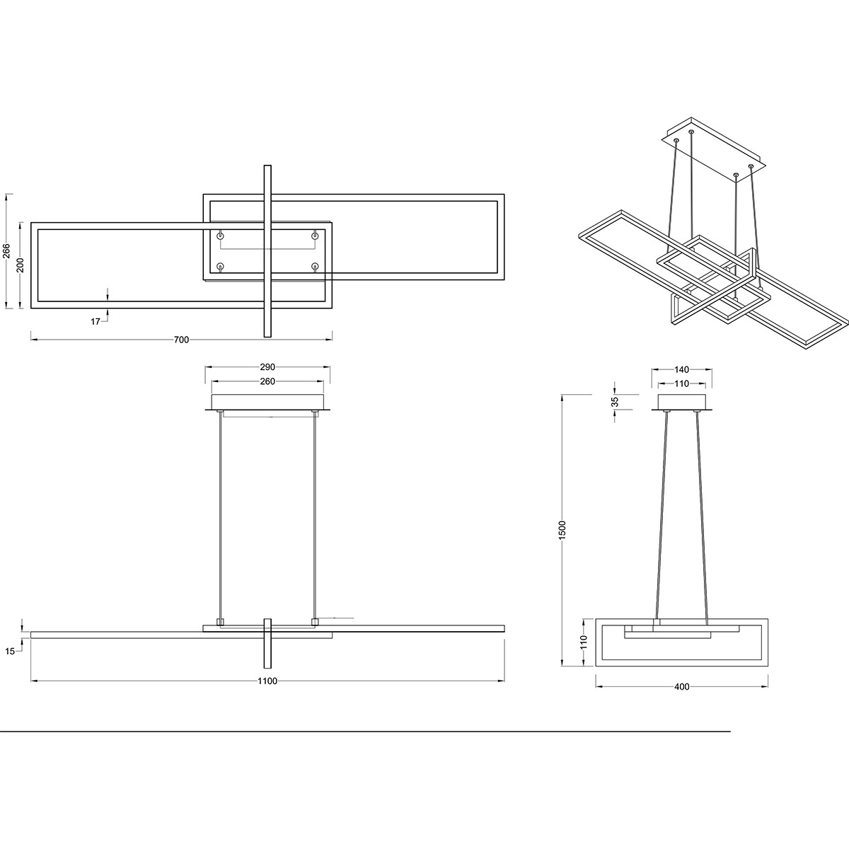 LED Hanglamp - Trion Salana - 34W - Warm Wit 3000K - Dimbaar - Rechthoek - Mat Zwart/Goud - Aluminium