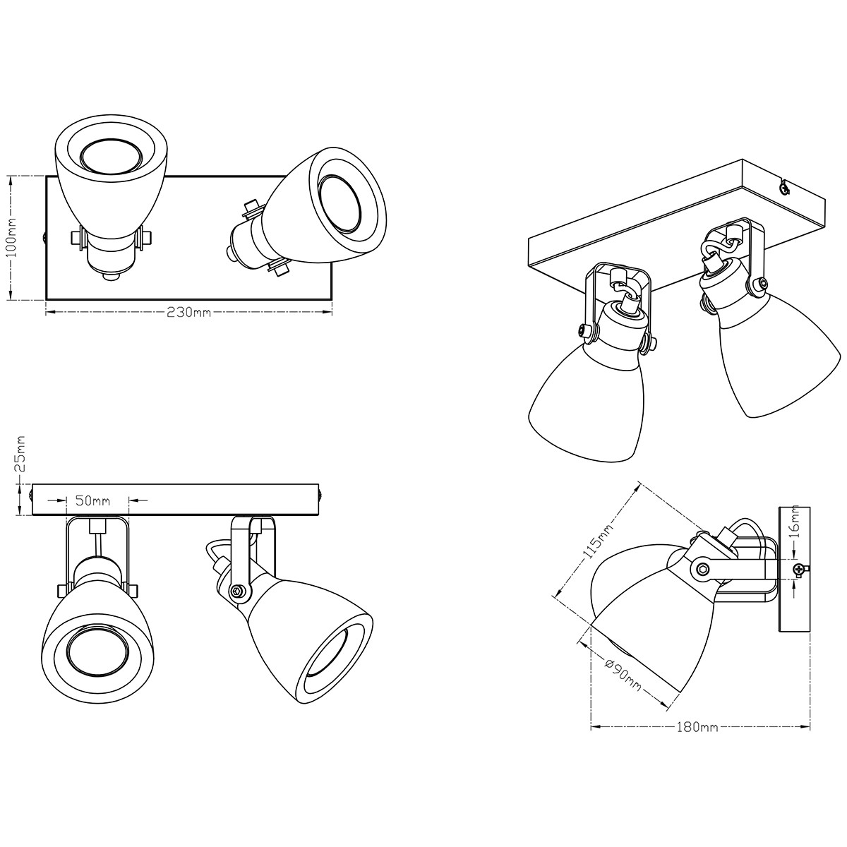 LED Plafondspot - Trion Conry - GU10 Fitting - 2-lichts - Rechthoek - Mat Grijs Beton Look - Aluminium