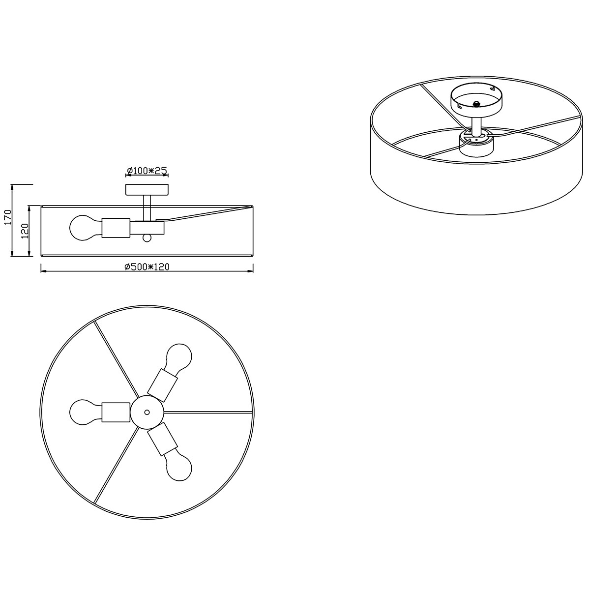 LED Plafondlamp - Plafondverlichting - Trion Hotia - E27 Fitting - 3-lichts - Rond - Mat Wit - Aluminium