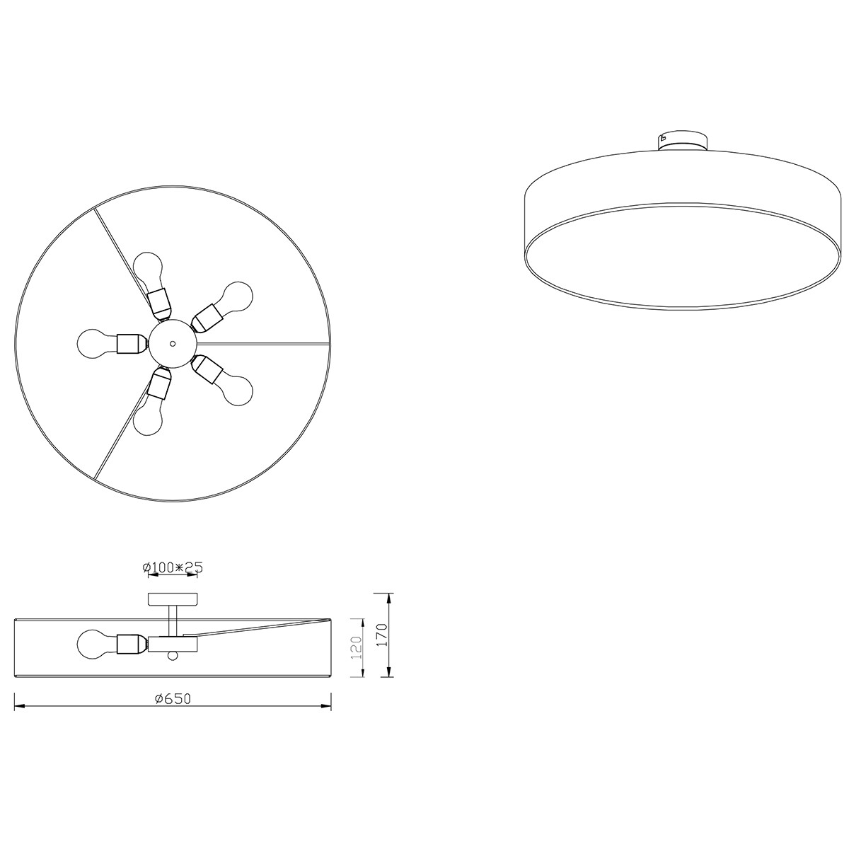 LED Plafondlamp - Plafondverlichting - Trion Hotia - E27 Fitting - 5-lichts - Rond - Mat Zwart - Aluminium