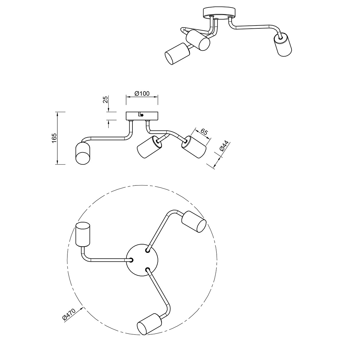 LED Plafondlamp - Trion Dolla - E27 Fitting - 3-lichts - Rond - Mat Zwart - Aluminium