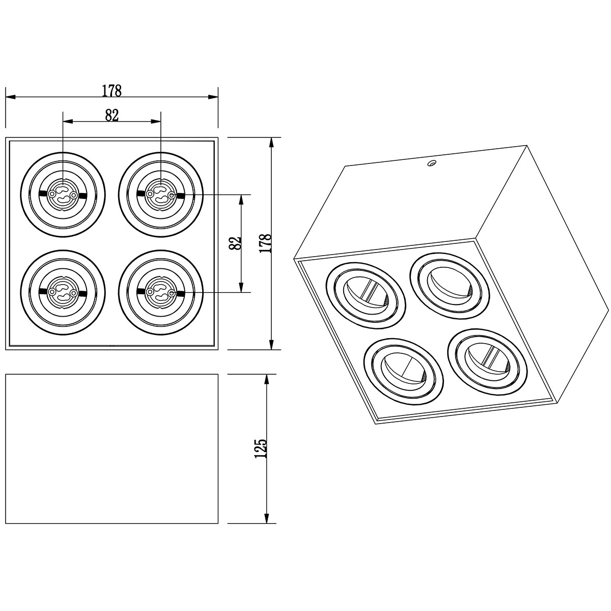 LED Plafondspot - Trion Bisqy - GU10 Fitting - 4-lichts - Vierkant - Mat Zwart - Aluminium