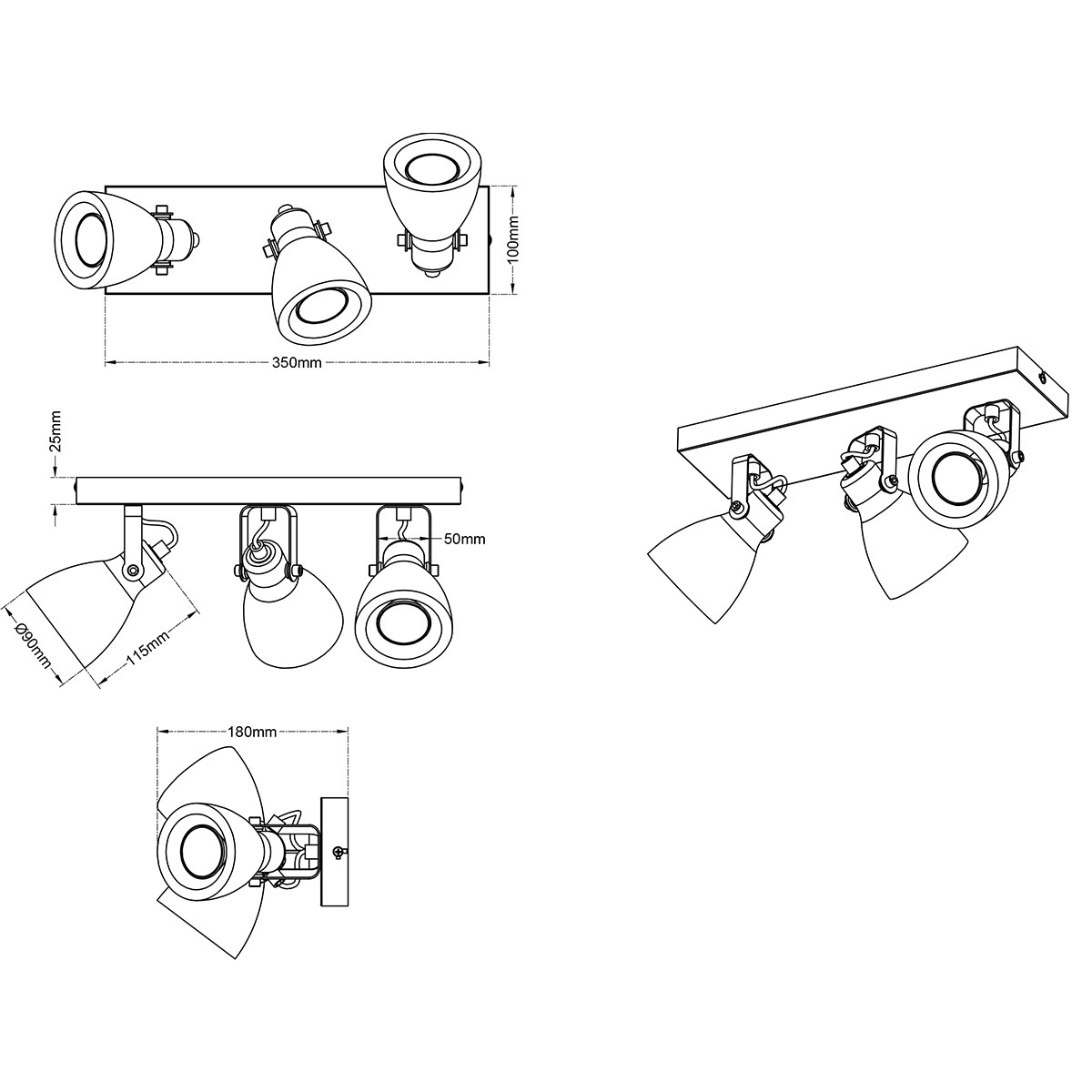 LED Plafondspot - Trion Conry - GU10 Fitting - 3-lichts - Rechthoek - Mat Grijs Beton Look - Aluminium