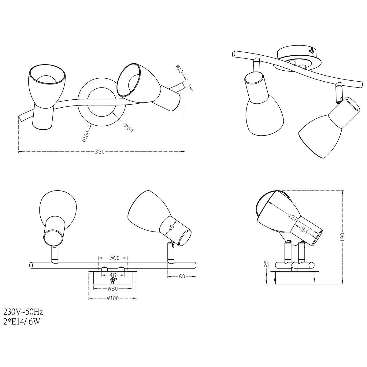 LED Plafondspot - Trion Levino - E14 Fitting - Warm Wit 3000K - 2-lichts - Rechthoek - Mat Nikkel - Aluminium