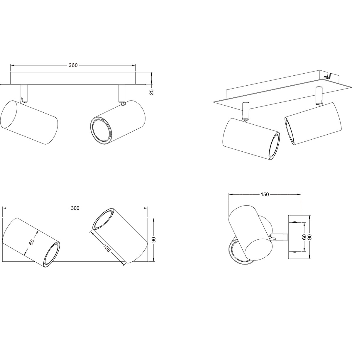 LED Plafondspot - Trion Mary - GU10 Fitting - 2-lichts - Rechthoek - Mat Zwart - Aluminium