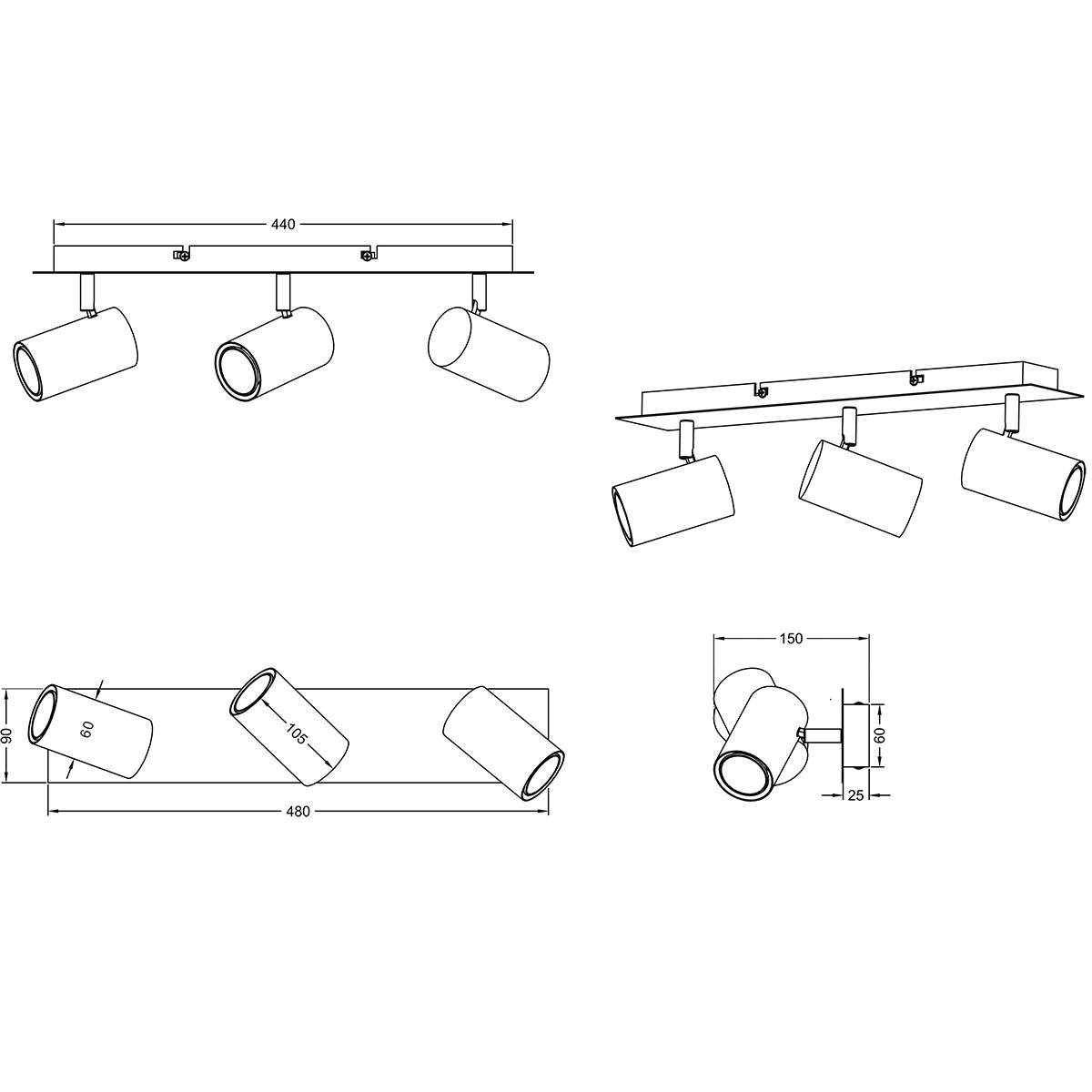 LED Plafondspot - Trion Mary - GU10 Fitting - 3-lichts - Rechthoek - Mat Zwart - Aluminium