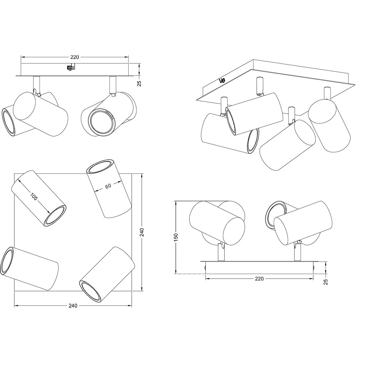 LED Plafondspot - Trion Mary - GU10 Fitting - 4-lichts - Vierkant - Mat Nikkel - Aluminium