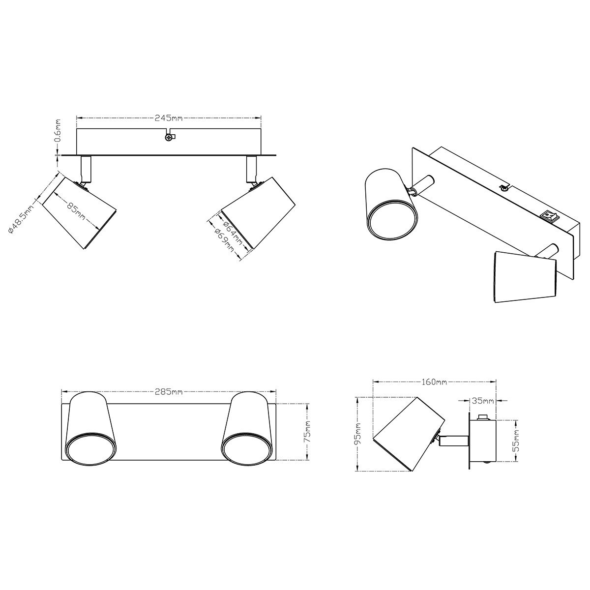 LED Plafondspot - Trion Narca - 12W - Warm Wit 3000K - 2-lichts - Rechthoek - Mat Wit - Aluminium