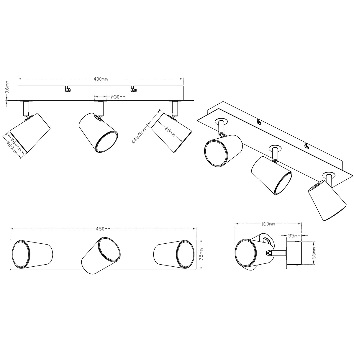 LED Plafondspot - Trion Narca - 18W - Warm Wit 3000K - 3-lichts - Rechthoek - Mat Nikkel - Aluminium