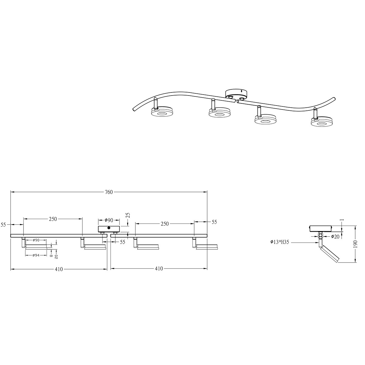 LED Plafondspot - Trion Renny - 16W - Warm Wit 3000K - 4-lichts - Rechthoek - Glans Chroom - Aluminium