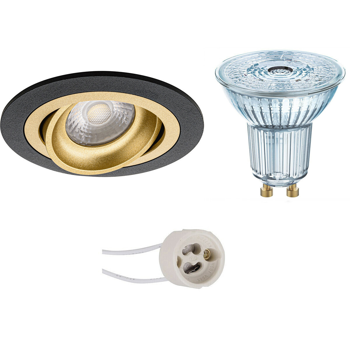 LED Spot Set - LEDVANCE Parathom PAR16 927 36D - Pragmi Alpin Pro - GU10 Fitting - Dimbaar - Inbouw Rond - Mat Zwart/Goud - 3.4W - Warm Wit 2700K - Kantelbaar Ø92mm