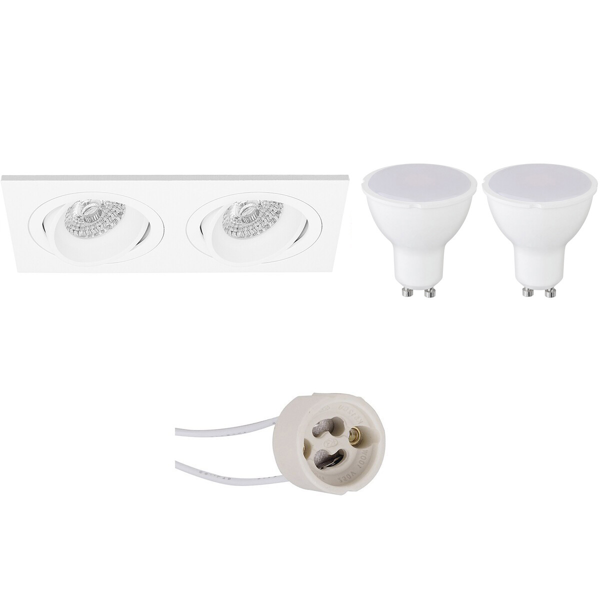 LED Spot Set - Pragmi Borny Pro - GU10 Fitting - Inbouw Rechthoek Dubbel - Mat Wit - 4W - Warm Wit 3000K - Kantelbaar - 175x92mm