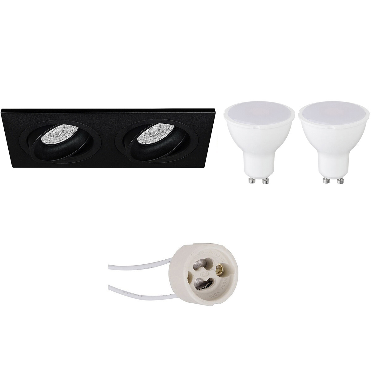 LED Spot Set - Aigi - Pragmi Borny Pro - GU10 Fitting - Inbouw Rechthoek Dubbel - Mat Zwart - 6W - Warm Wit 3000K - Kantelbaar - 175x92mm