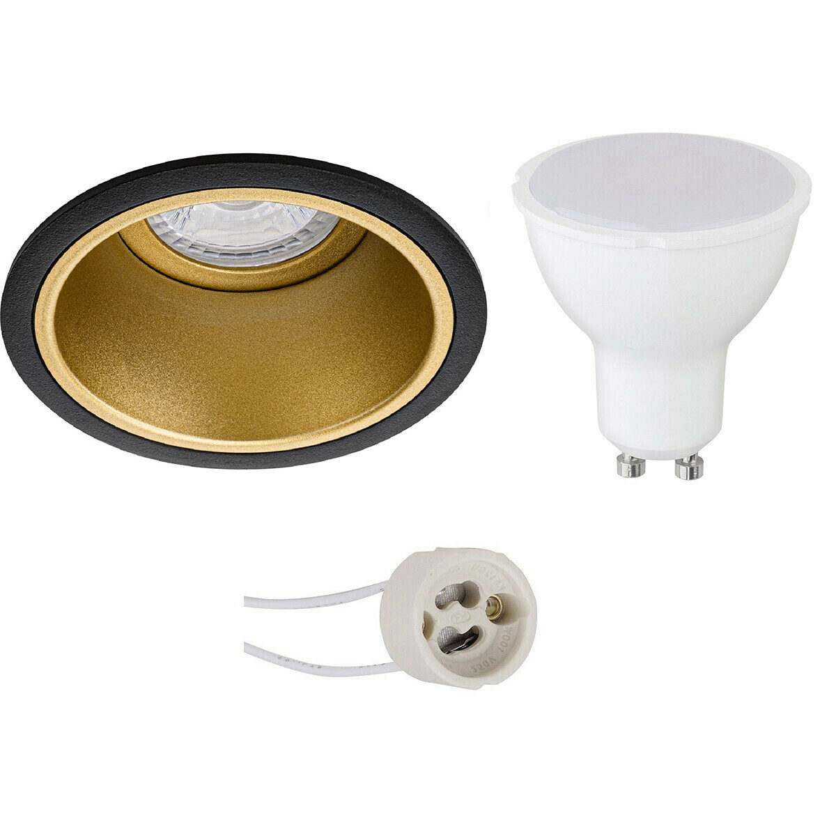 LED Spot Set - Pragmi Minko Pro - GU10 Fitting - Inbouw Rond - Mat Zwart/Goud - 4W - Helder/Koud Wit 6400K - Verdiept - Ø90mm