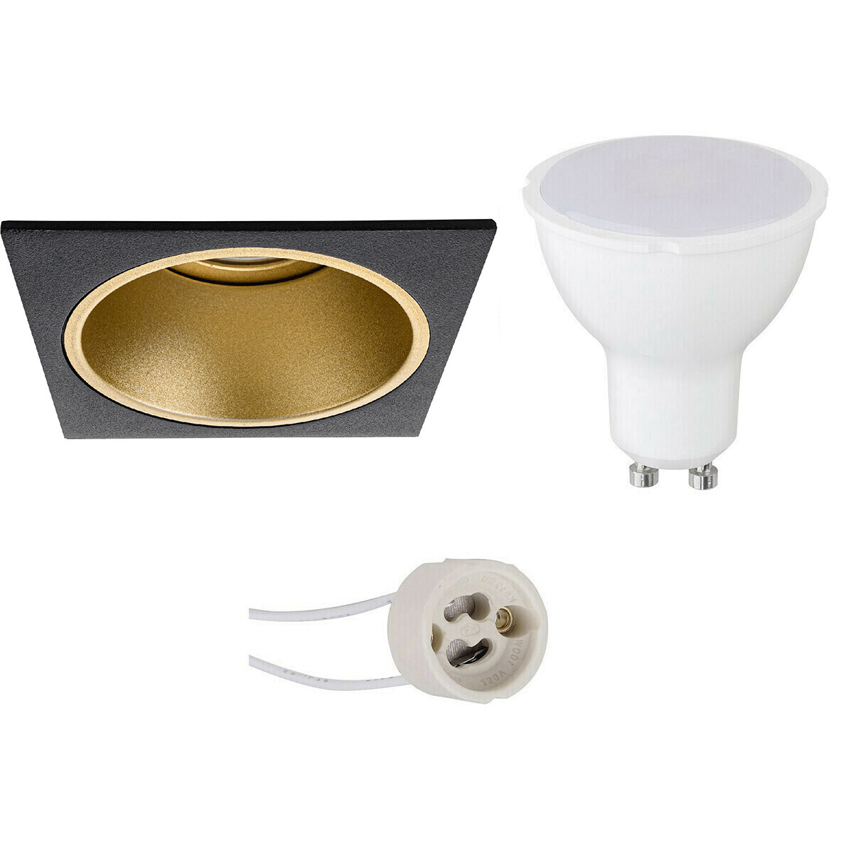 LED Spot Set - Pragmi Minko Pro - GU10 Fitting - Dimbaar - Inbouw Vierkant - Mat Zwart/Goud - 6W - Helder/Koud Wit 6400K - Verdiept - 90mm