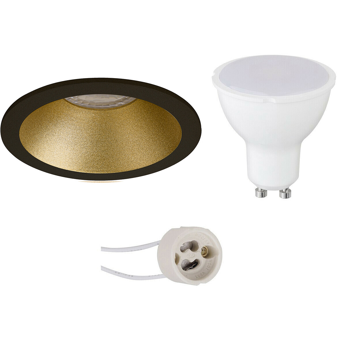 LED Spot Set - Pragmi Pollon Pro - GU10 Fitting - Inbouw Rond - Mat Zwart/Goud - 4W - Helder/Koud Wit 6400K - Verdiept - Ø82mm