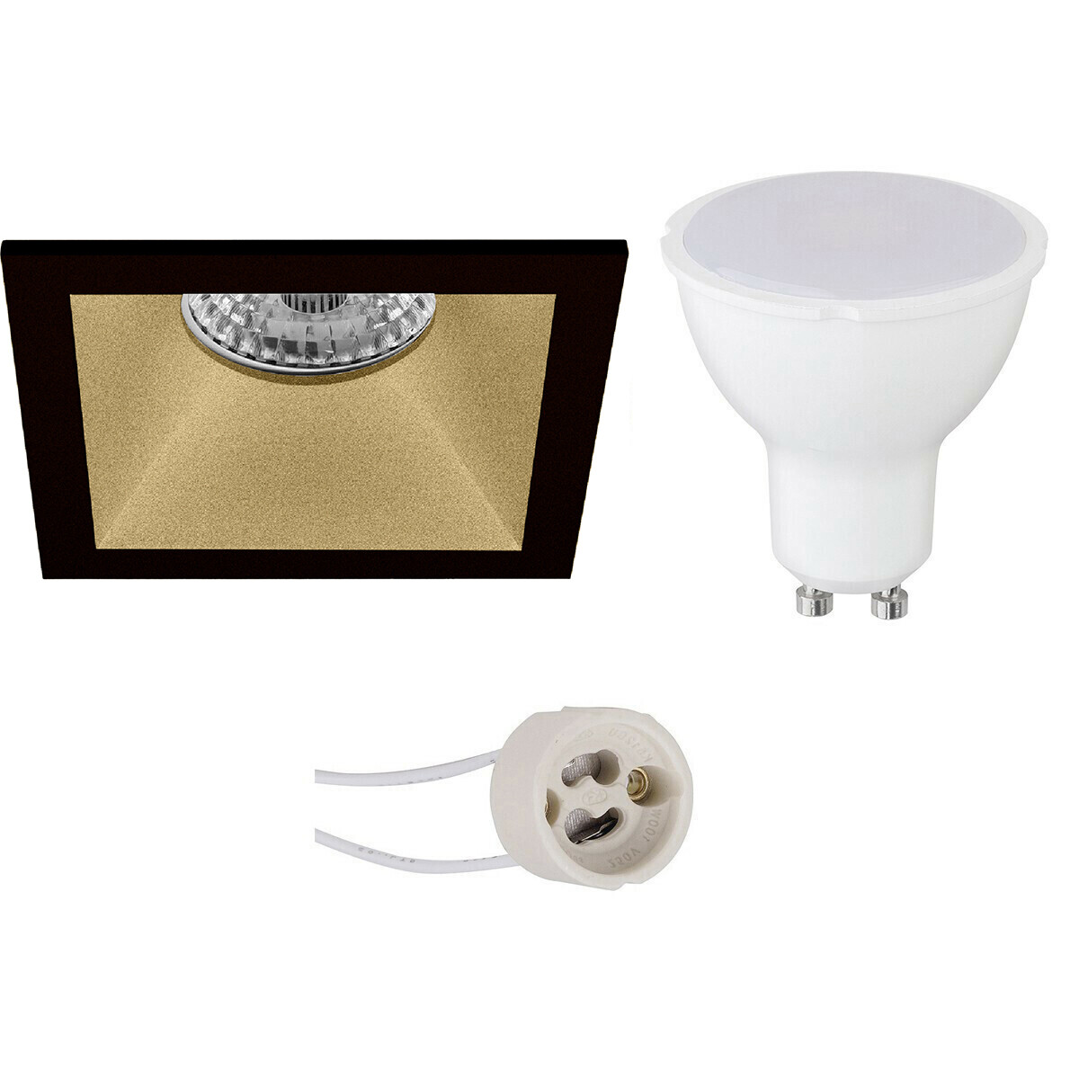 LED Spot Set - Pragmi Pollon Pro - GU10 Fitting - Dimbaar - Inbouw Vierkant - Mat Zwart/Goud - 6W - Helder/Koud Wit 6400K - Verdiept - 82mm