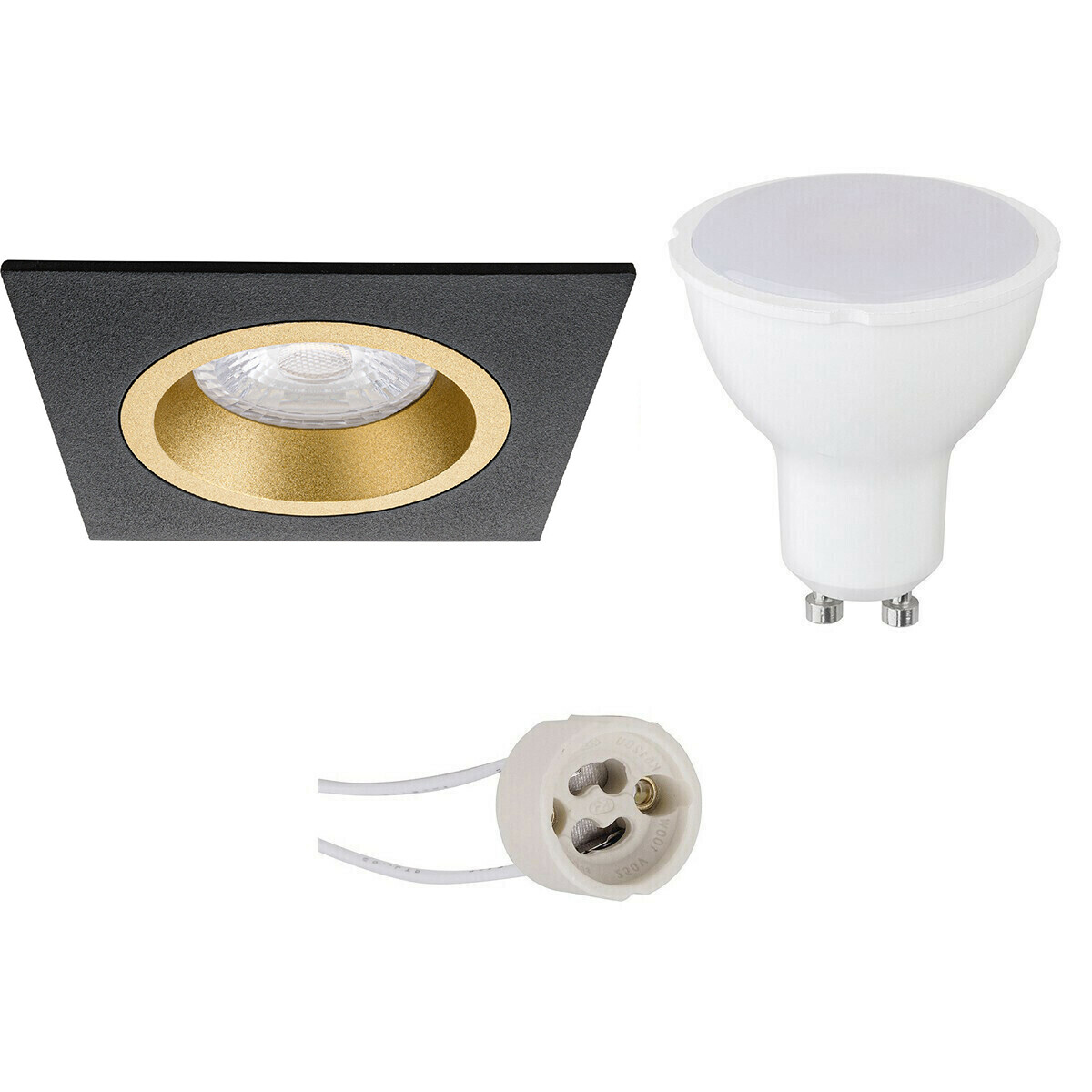 LED Spot Set - Pragmi Rodos Pro - GU10 Fitting - Inbouw Vierkant - Mat Zwart/Goud - 4W - Natuurlijk Wit 4200K - 93mm