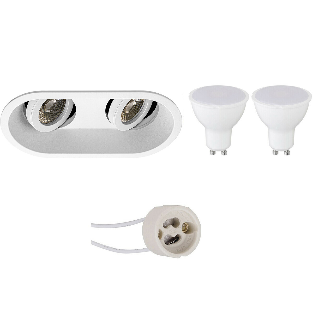 LED Spot Set - Pragmi Zano Pro - GU10 Fitting - Inbouw Ovaal Dubbel - Mat Wit - 4W - Helder/Koud Wit 6400K - Kantelbaar - 185x93mm