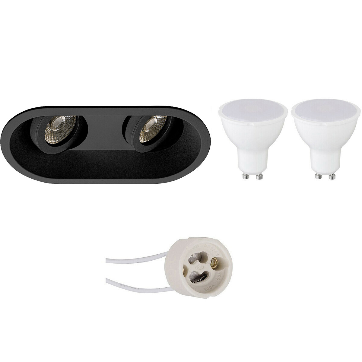 LED Spot Set - Pragmi Zano Pro - GU10 Fitting - Inbouw Ovaal Dubbel - Mat Zwart - 4W - Helder/Koud Wit 6400K - Kantelbaar - 185x93mm