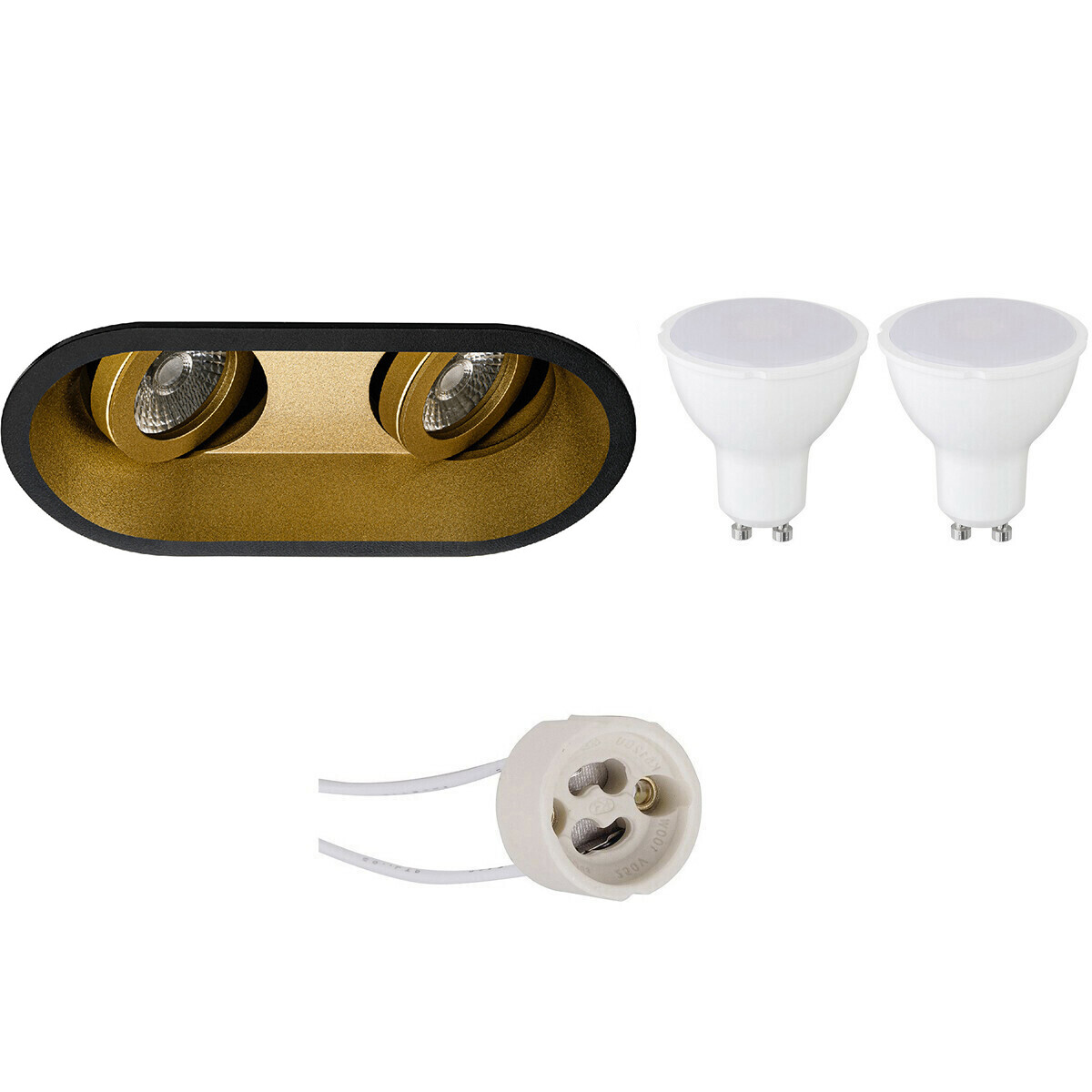 LED Spot Set - Pragmi Zano Pro - GU10 Fitting - Dimbaar - Inbouw Ovaal Dubbel - Mat Zwart/Goud - 6W - Helder/Koud Wit 6400K - Kantelbaar - 185x93mm