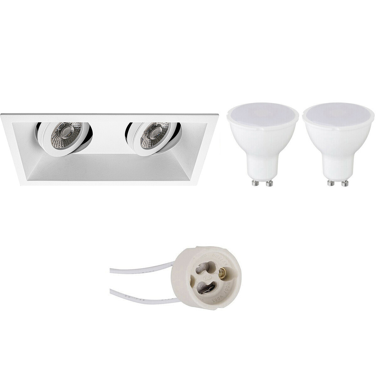 LED Spot Set - Aigi - Pragmi Zano Pro - GU10 Fitting - Inbouw Rechthoek Dubbel - Mat Wit - 6W - Helder/Koud Wit 6400K - Kantelbaar - 185x93mm