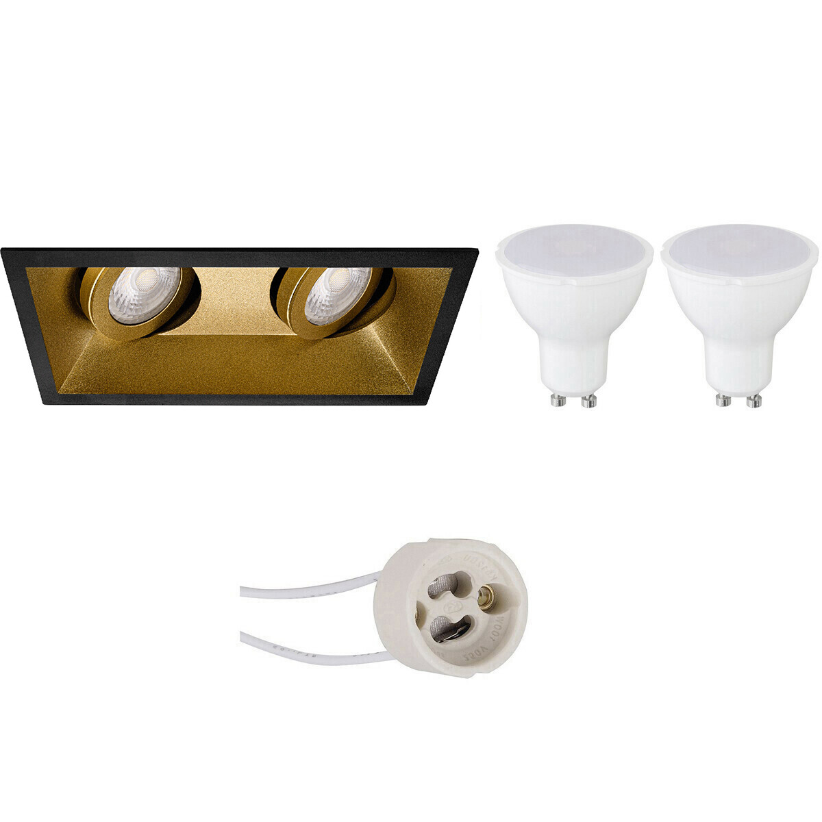 LED Spot Set - Pragmi Zano Pro - GU10 Fitting - Inbouw Rechthoek Dubbel - Mat Zwart/Goud - 4W - Helder/Koud Wit 6400K - Kantelbaar - 185x93mm