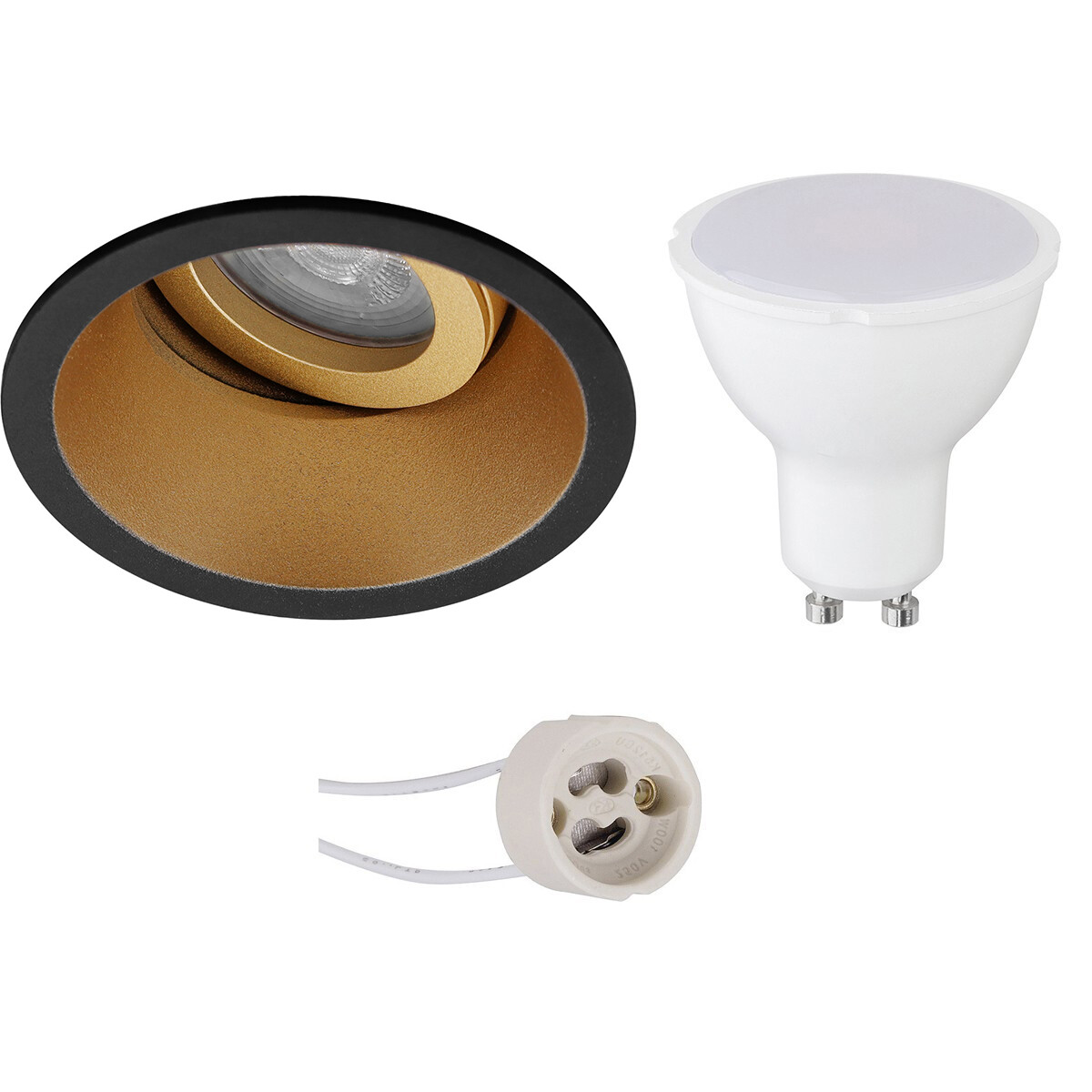 LED Spot Set - Aigi - Pragmi Zano Pro - GU10 Fitting - Inbouw Rond - Mat Zwart/Goud - 6W - Warm Wit 3000K - Kantelbaar - Ø93mm